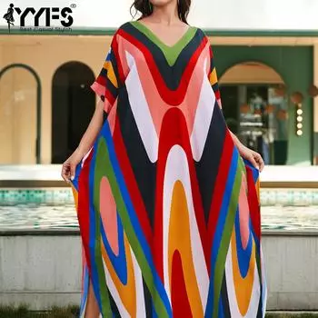 YYFS женская мода отпуск лето весна геометрические узоры принт рукав 1/2 v-образный вырез повседневные платья One Size разноцветный
