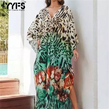 YYFS женская мода отпуск лето весна леопардовый принт с длинным рукавом v-образным вырезом повседневные платья One Size светло-зеленый