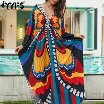 YYFS женская мода отпуск лето весна многоцветный принт бабочки с длинным рукавом v-образным вырезом повседневные платья One Size разноцветный