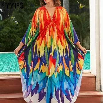 YYFS женская мода отпуск лето весна многоцветный принт перьев с длинным рукавом v-образным вырезом повседневные платья One Size разноцветный