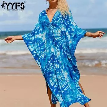 YYFS Женская мода отпуск лето весна повседневные платья с длинным рукавом и v-образным вырезом One Size синий