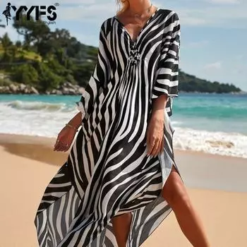 YYFS женская мода отпуск лето весна принт зебры с длинным рукавом и v-образным вырезом повседневные платья One Size белый/чёрный
