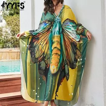YYFS женская мода отпуск лето весна принт бабочки с длинным рукавом v-образным вырезом повседневные платья One Size зелёный