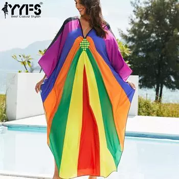 YYFS женская мода отпуск лето весна Радужный принт с длинным рукавом и v-образным вырезом повседневные платья One Size разноцветный