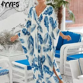 YYFS женская мода отпуск лето весна синий лист с принтом с длинным рукавом и v-образным вырезом повседневные платья One Size белый/синий