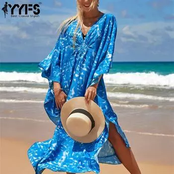 YYFS женская мода отпуск лето весна синий цвет принт с длинным рукавом v-образным вырезом повседневные платья One Size синий