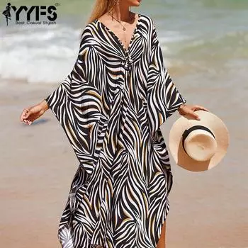 YYFS женская мода отпуск лето весна зебра принт с длинным рукавом v-образным вырезом повседневные платья One Size чёрный/белый