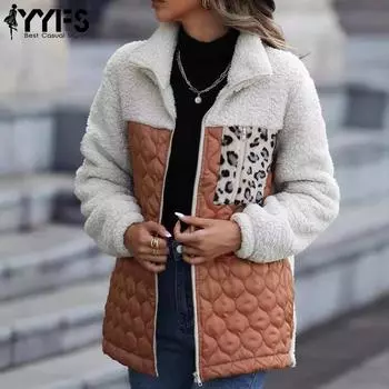 YYFS Женская мода Повседневный леопардовый принт Осень Зима Длинные рукава Поло воротник куртки и пальто S темно-коричневого