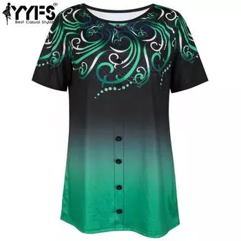 YYFS Женская мода Повседневная Летняя Весна Цветные Блоки Принт Короткие Рукава О-Образным Вырезом Блузки и Рубашки S зелёный