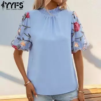 YYFS Женская мода Повседневная Летняя Весна Цветочный Узор Принт Короткие Рукава Стоячий Воротник Блузки и Рубашки S синий
