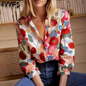 YYFS Женская мода Повседневная Летняя Весна Цветочный Узор Принт Блузки и Рубашки Рукава 1/2 V-образный вырез S красный