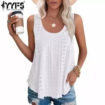 YYFS Женская мода Повседневная Летняя Весна Однотонные принты Без рукавов U-образный вырез Блузки и рубашки S белый