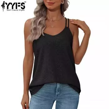 YYFS Женская мода Повседневная Летняя Весна Однотонные принты Без рукавов U-образный вырез Блузки и рубашки S чёрный