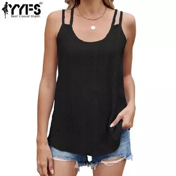 YYFS Женская мода Повседневная Летняя Весна Однотонные принты Без рукавов U-образный вырез Блузки и рубашки S чёрный