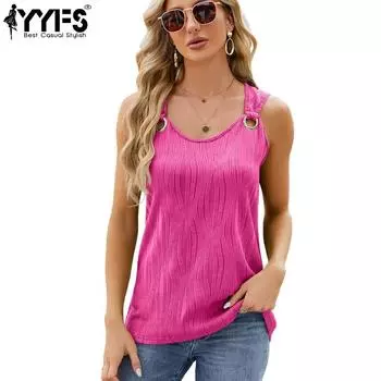 YYFS Женская мода Повседневная Летняя Весна Однотонные принты Без рукавов U-образный вырез Блузки и рубашки S
