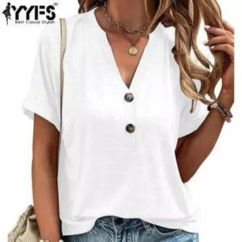 YYFS Женская мода Повседневная Летняя Весна Однотонный Принт Короткие Рукава V-образный Вырез Блузки и Рубашки S белый