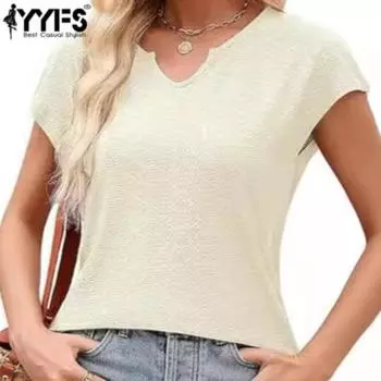 YYFS Женская мода Повседневная Летняя Весна Однотонный Принт Короткие Рукава V-образный Вырез Блузки и Рубашки S абрикосовый