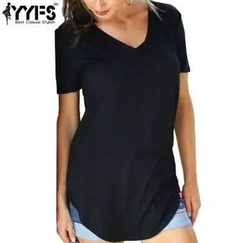 YYFS Женская мода Повседневная Летняя Весна Однотонный Принт Короткие Рукава V-образный Вырез Блузки и Рубашки S чёрный