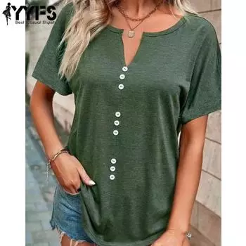 YYFS Женская мода Повседневная Летняя Весна Однотонный Принт Короткие Рукава V-образный Вырез Блузки и Рубашки S зелёный