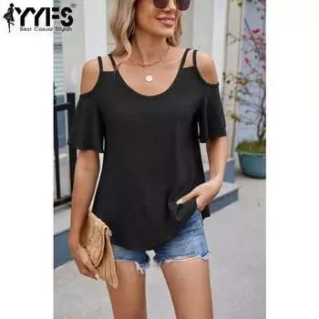 YYFS Женская мода Повседневная Летняя Весна Однотонный Принт Короткие Рукава U-образный Вырез Блузки и Рубашки S чёрный