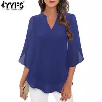 YYFS Женская мода Повседневная Летняя Весна Однотонный Принт Рукава 3/4 V-образный Вырез Блузки и Рубашки S королевский синий