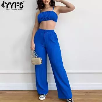 YYFS Женская мода Повседневная Летняя Весна Однотонный Принт Без Рукавов Подтяжки Блузки и Рубашки Брюки Костюмы S оранжевый