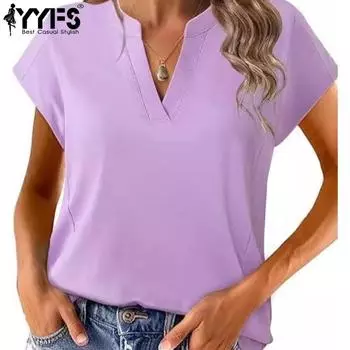 YYFS Женская мода Повседневная Летняя Весна Однотонный Принт Короткие Рукава V-образный Вырез Блузки и Рубашки M лавандовый