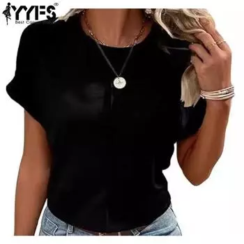 YYFS Женская мода Повседневная Летняя Весна Однотонный Принт Короткие Рукава О-Образным Вырезом Блузки и Рубашки S чёрный