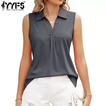 YYFS Женская мода Повседневная Летняя Весна Однотонный Принт Без Рукавов Воротник ПОЛО Блузки и Рубашки S серый
