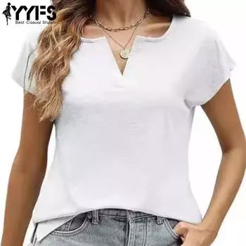 YYFS Женская мода Повседневная Летняя Весна Однотонный Принт Короткие Рукава V-образный Вырез Блузки и Рубашки S белый