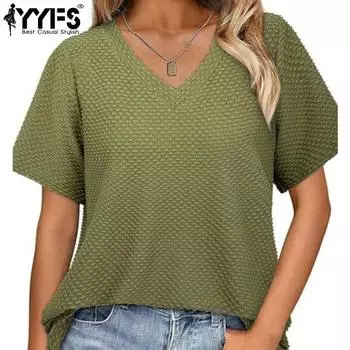 YYFS Женская мода Повседневная Летняя Весна Однотонный Принт Короткие Рукава V-образный Вырез Блузки и Рубашки S