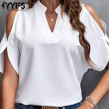 YYFS Женская мода Повседневная Летняя Весна Однотонный Принт Короткие Рукава V-образный Вырез Блузки и Рубашки S белый