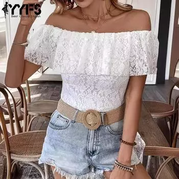 YYFS Женская мода Повседневная Летняя Весна Однотонный Принт Короткий Рукав Одно Плечо Блузки и Рубашки S белый