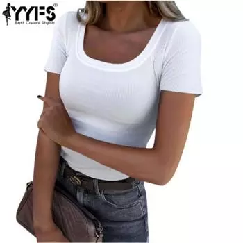YYFS Женская мода Повседневная Летняя Весна Однотонный Принт Короткие Рукава U-образный Вырез Блузки и Рубашки M