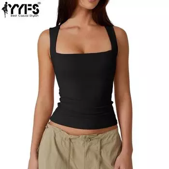 YYFS Женская мода Повседневная Летняя Весна Однотонный Принт Без Рукавов Подтяжки Блузки и Рубашки S чёрный