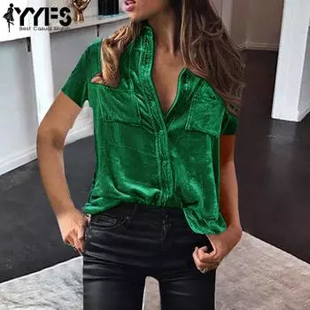 YYFS Женская мода Повседневная Летняя Весна Однотонный Принт Короткий Рукав Воротник ПОЛО Блузки и Рубашки S