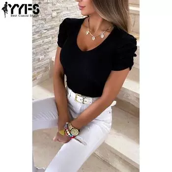 YYFS Женская мода Повседневная Летняя Весна Однотонный Принт Короткие Рукава V-образный Вырез Блузки и Рубашки S чёрный
