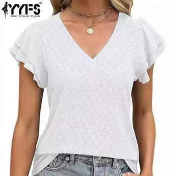 YYFS Женская мода Повседневная Летняя Весна Однотонный Принт Короткие Рукава V-образный Вырез Блузки и Рубашки S белый