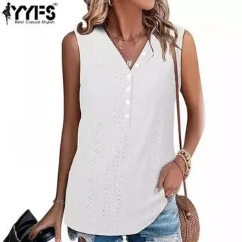 YYFS Женская мода Повседневная Летняя Весна Однотонный Принт Без Рукавов V-образный Вырез Блузки и Рубашки S белый