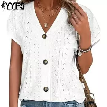 YYFS Женская мода Повседневная Летняя Весна Однотонный Принт Короткие Рукава V-образный Вырез Блузки и Рубашки S белый