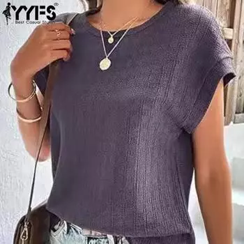YYFS Женская мода Повседневная Летняя Весна Однотонный Принт Короткие Рукава О-Образным Вырезом Блузки и Рубашки XS темно-фиолетового