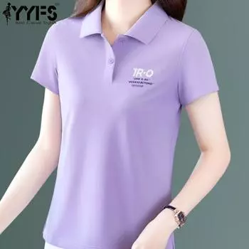 YYFS Женская мода Повседневная Летняя Весна Однотонный Принт Короткий Рукав Воротник ПОЛО Блузки и Рубашки M