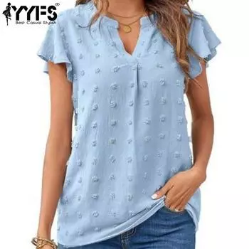 YYFS Женская мода Повседневная Летняя Весна Однотонный Принт Короткие Рукава V-образный Вырез Блузки и Рубашки S небесно-голубой