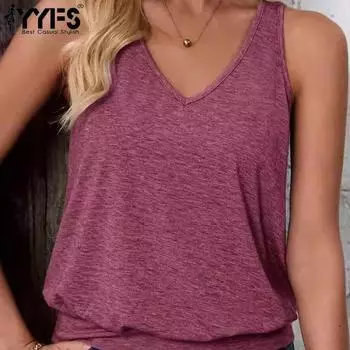 YYFS Женская мода Повседневная Летняя Весна Однотонный Принт Без Рукавов V-образный Вырез Блузки и Рубашки S
