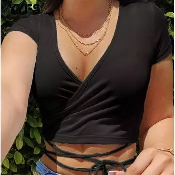YYFS Женская мода Повседневная Летняя Весна Однотонный Принт Короткие Рукава V-образный Вырез Блузки и Рубашки S чёрный