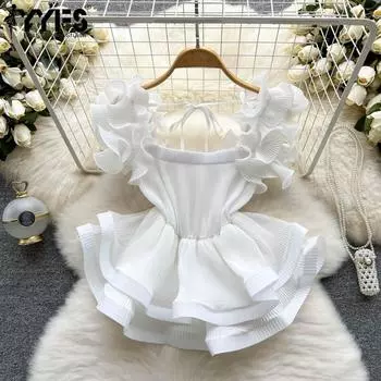 YYFS Женская мода Повседневная Летняя Весна Однотонный Принт Короткий Рукав Квадратный Воротник Блузки и Рубашки Size: One Size белый