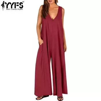YYFS Женская мода Повседневная Летняя Весна Однотонный Принт Без Рукавов V-образный вырез Свободные Брюки Талии Комбинезоны и Ромперы S бордовый