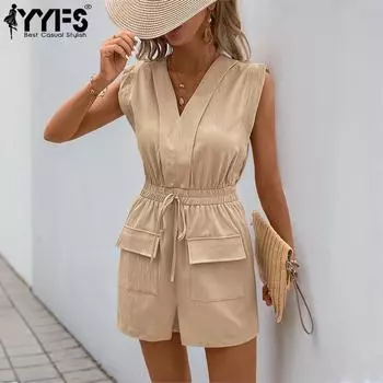 YYFS Женская мода Повседневная Летняя Весна Однотонный Принт Без Рукавов V-образный вырез Высокая Талия Брюки Комбинезоны и Ромперы S хаки