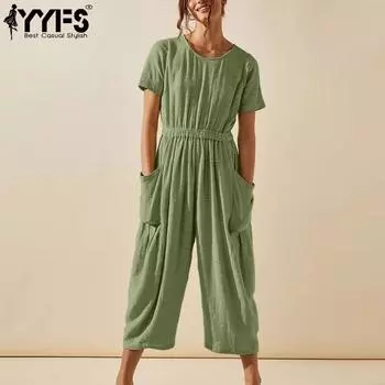 YYFS Женская мода Повседневная Летняя Весна Однотонный Принт Короткий Рукав О-Образным Вырезом Высокая Талия Брюки Комбинезоны и Ромперы S светло-зеленый