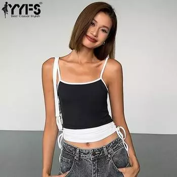 YYFS Женская мода Повседневная Летняя Весна Однотонный Принт Без Рукавов Подтяжки Блузки и Рубашки S чёрный
